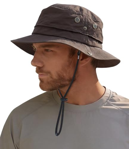 Hat Hut Chapeau Bob de Soleil pour Homme, Chapeau de Pluie imperméable, UPF50+, Large Bord, Pliable, Toutes Saisons, Randonnée, Pêche (FR/ES, Alpha/Lettres, Taille Unique, Café)