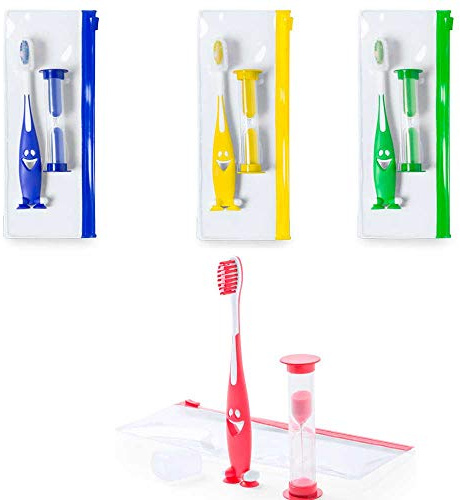 Lote de 30 set cepillo de dientes infantil, con reloj de arena y neceser. Regalos para cumpleaños infantiles, colegios, fiestas de niños.
