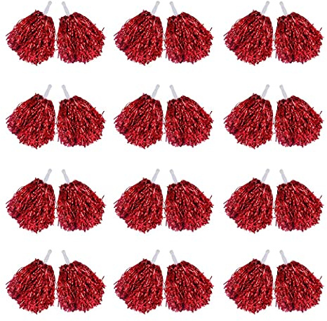 Hacbop 24Pcs Cheerleading Cheerleader Pom Poms, Metallic Foil Cheer Pom, Poms with Plastic Handle for Adults Kids Cheerleaders Party Red