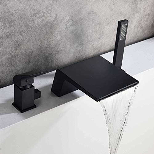 Waterfall Bathtub Faucet Matte Black, Tub Filler with Hand Shower, 3 Hole Single Handle Bathtub Faucet, Bathroom Bath Tub Faucets Mixer Tap, Solid Brass