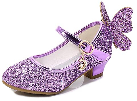 MACHSWON Mary Jane - Scarpe con tacco alto, da bambina, per matrimoni, feste, con fiocco scintillante, per bambini (viola, taglia 36)