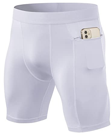 Ruowuhen Funktionsshorts för män, kompressionsshorts med fickor, herrbaslager, kalsonger, tights, korta löparbyxor, snabbtorkande löpunderkläder, Vit, M