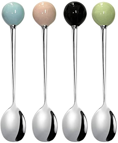 Ouliget Stainless Steel Tea Spoons, Mini Coffee Spoons, Dessert Spoon,Korean Small Spoon with Ceramic Ball, Spoons 4 Pieces 5.5 Inches 4 colors.