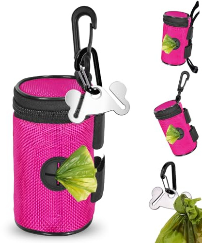 Dog Poop Bag Holder for Leash Attachment - Waste Bag Dispenser for Leash - Fits Any Dog Leash - Portable Set with Hand Free Holder Metal Carrier, Round Shape, Pink