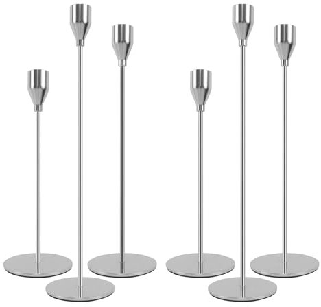 Filltown 6 Stück Kerzenständer Silber, Kerzenhalter Silber Candle Holder 32/27/22cm, Vintage Stabkerzenhalter Stabkerze für Kaminsimse, Hochzeiten, Abendessen, Geburtstage, Tischmitte, Wohnkultur