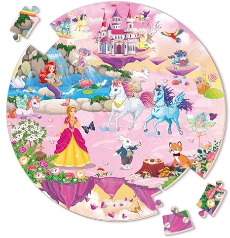 SYNARRY Giant Unicorn Floor Jigsaw Puzzle for Kids 3 4 5 6 7 8 Year Olds, 70 Piece Big Round Princess Mermaid Fairy Jigsaw, Unicorn Toys Gifts for Toddlers Children Girls
