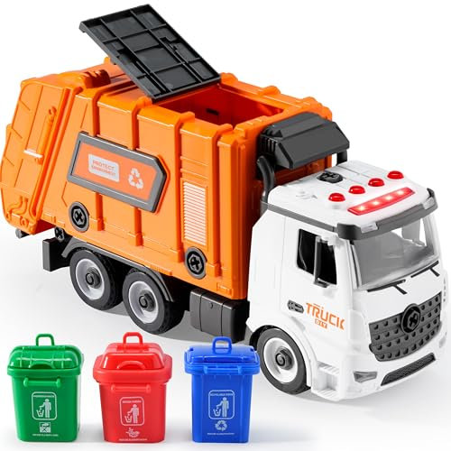 JOYIN Jumbo Take Apart Reibungsbetriebenes Side-Dump-Recycling-Müllwagen-Spielzeug mit Licht und Geräuschen, 3 Mülleimer, Schraubendreher-Spielzeug, für DIY-Montage, Orange