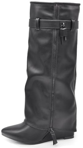 IF FASHION Stivali Alti A Punta Gambale A Ghetta Con Zeppa Zip Cerniera Luchetto Da Donna G690 Nero N.37