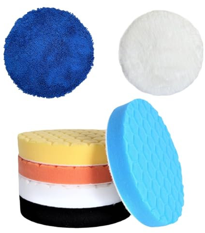 YALiya 7 Pezzi Kit Lucidatura Auto 150mm, Tamponi per Lucidatura Auto, Lana Lucidatura Pastiglie, Spessi e di Alta Qualità, per Lucidi e Cere Varie