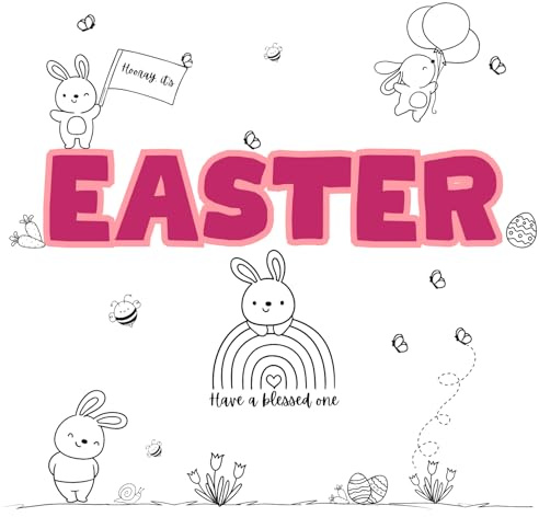 Happy Easter Cute Card with Bunnies Bunny Blessings for Family Friends Grandparents Kids Teacher Mum and Dad Daughter 14 x 14 cm 300gsm with white envelope pink white and black