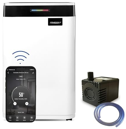 Comedes Demecto 30 eco WiFi avfuktare (25 l/24 h) PowerDrain kondensatpump – lämplig för rum och källare upp till 100 m²/230 m³, byggtork med appkontroll, inkl. 3 m slang