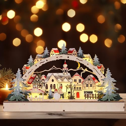 KQWVZ Arche De Bougie LED, Arc Lumineux 3D, Arc Lumineux De Noël pour La Table Motif Arbre éclairé Et Maison, LED Décoration en Bois Illumination Intérieur, Arche De Bougie De Noël LED, Bois Naturel