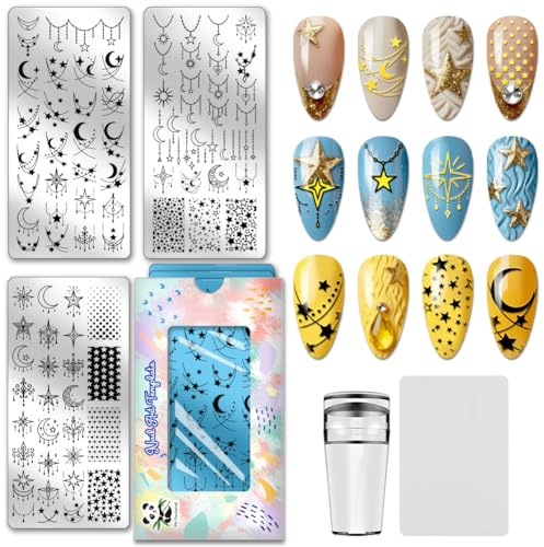 PH PandaHall 3pcs Plaques de Stamping pour Ongles Lune et Étoile Pochoirs pour Nail Art Mysterious Star Luna Line Modèles de Nail Art en Acier Inoxydable avec Outils pour Manucures Accessoires Salon
