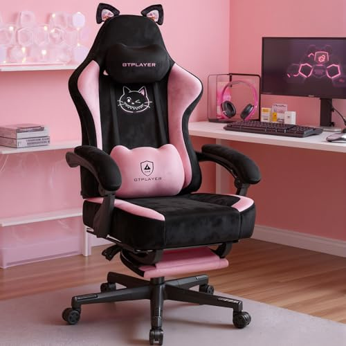 GTPLAYER Gaming Chair Fabric, High Back Computer Chairs with Footrest for Adults Ergonomic Lumbar Support Height Adjustable Swivel PC Chair with Cat Ears