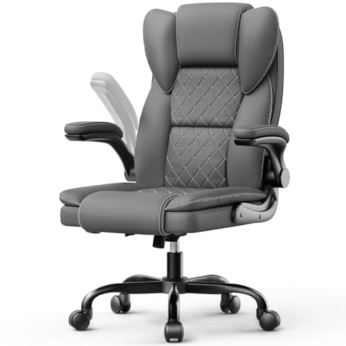 rattantree Sedia da Ufficio,Sedie Ergonomica con Braccioli Ribaltabili a 90°,Ruote Girevoli Sedia Scrivania,PU e Altezza Regolabile,Supporto Lombare Gonfiabile,Per L'ufficio E La Casa,Grigio Scuro