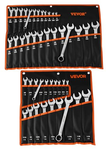 VEVOR Combination Wrench Set, 44-Piece SAE and Metric, 12-Point Box End and 15° Angled Open End Combination Wrenches with Roll Up Pouch, Carbon Steel, for General Household and Automotive Repairs