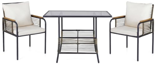 LIFEZEAL Ensemble Jardin 3 Pièces en Rotin, Ensemble Table et 2 Chaises avec Coussins, Set Bistro de Terrasse pour Balcon, Véranda, Jardin, Cour (Beige)