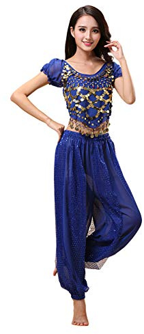 Haodasi Disfraz de danza del vientre para mujer, camiseta de baile + pantalones de linterna, traje profesional de bailarina de carnaval, azul oscuro, S