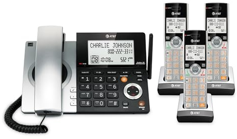 AT&T CL84307 Dect 6.0 Expandable Corded/Cordless Phone with Smart Call Blocker, Silver/Black with 3 Handsets