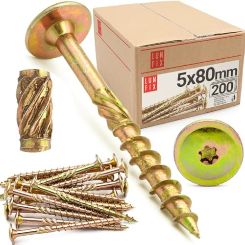 Viti per legno Torx 5,0x80mm, 200 pezzi, viti autofilettanti torx giallo zinco con testa larga TX40, acciaio resistente per pannelli e carpenteria, fissaggi professionali da costruzione – Lun Fix