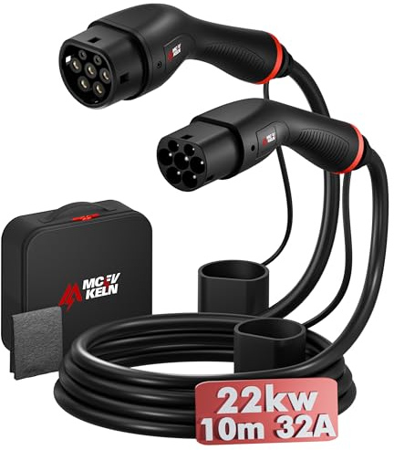 MCEVKELN Cable de Carga Coche Electrico Tipo 2 |32A 22KW | Trifásica |10 Metros |Tipo 2 a Tipo 2 | Cargador EV Cable de Carga IEC 62196-2 para Vehículos Eléctricos y Híbrido Plug-in, con Bolsa