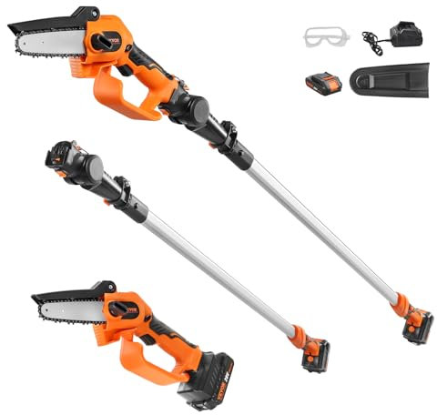 VEVOR Podadora de Pértiga Telescópica 2 en 1 con Batería de 20 V y 2 Ah Grosor de Corte de 13 cm Podadora Eléctrica con Batería y Funda de Cuchilla Sierra Telescópica para Cortar Ramas de Árboles