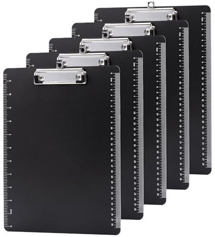 Srvnpioy Klemmbrett DIN A4, Schwarz, 5 Stück, aus Kunststoff, mit ausziehbarer Aufhängeöse, für Schule, Büro, Krankenhaus, Restaurant, Lager