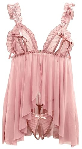 mini kitty Lingerie Sets Sexy for Women Nightwear Babydoll Mesh Nightwear Chemise Sleepwear Underwear Teddy Nightgown Negligee with Thong, Pink