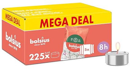 Bolsius - Confezione grande di lumini - 225 pezzi - 8 ore di combustione - Bianco - Contiene cera vegetale naturale - Lunghezza durata - Candele decorative domestiche - Senza olio di palma