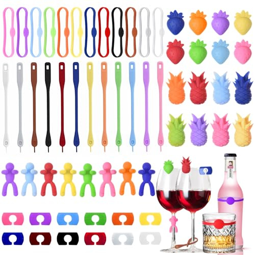 GGXZHT 60 Pezzi Segna Bicchieri Calici, Segna Bicchieri Riutilizzabili, Segnabicchieri per Calici, Segnabicchieri Colorati Silicone per Feste Bar Bicchieri Vino Cocktail