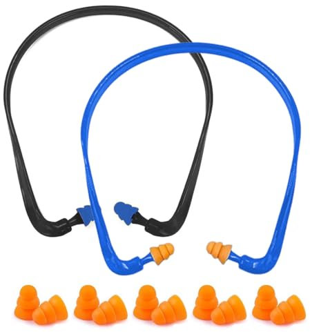 Bügelgehörschutz, 2 Stück Gehörschutzbügel, für eine angenehme Tragedauer, anpressdruckfrei, Gehörschutz zur Lärmreduktion (SNR 25dB), 2 Set mit 5 Paar Ersatzstöpseln, 14x14x1, 4 cm, Schwarz und Blau