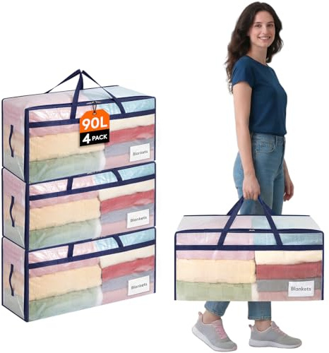 Lifewit Set di 4 Grandi Scatole per Armadio 90 L, Borse Trasloco con Manici, Contenitore Pieghevole per Piumoni, Coperte, Vestiti, Trasparente