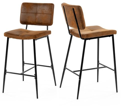 Meuble Cosy Lot de 2 Tabouret de Bar Industriel avec Dossier et Repose-Pieds, Siège Rembourrés de 75 cm de Haut, Chaises Hautes en Suédine Cadre en métal, Marron