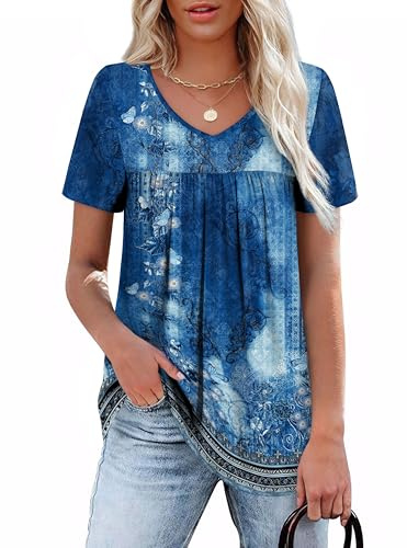 Maternity Shirts Womens Summer Tops Loose Fit Dressy V Neck Pleated Short Sleeve Blouses Business Casual Tunic Striped L