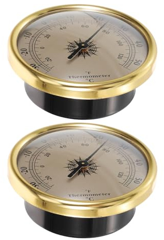 Veemoon 2 piezas Termómetro de Pared Metálico Dorado Unidades Reloj Analógico Redondo para Interior y Exterior Estación Meteorológica Decorativa para Jardín Invernadero Medidor de