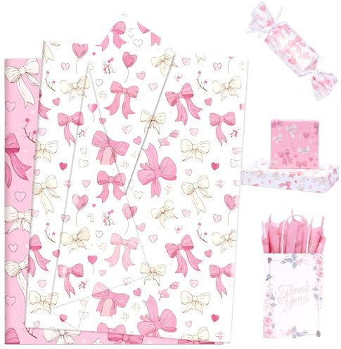 Larcenciel Papel de Seda con Diseño de Lazos Rosas, Papel Seda para Rosa y Blanco con Lazos y Globos para Rellenar Bolsas de Regalo para Boda, Cumpleaño, Fiesta, Manualidade, 60 Hojas 50x35 CM