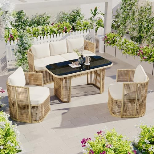 ECLIVON Conjunto de Jardin Exterior de Ratán para 5 Personas, 4 Piezas, Set Muebles Jardin con Mesa y 2 Sillones, Sillas con Cojines, Juego de Muebles de Jardín para Patio Terraza (Beige + Negro)