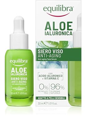 Equilibra, Aloe Ialuronica Siero Viso Anti-Aging, con Aloe Vera, Acido Ialuronico e Vitamina E, Adatto a pelli sensibili, Leviga la Pelle del Viso, Contrasta i Segni del Tempo, 30 ml