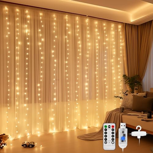 DazSpirit 3Mx3M 300 LED Lichtervorhang, USB Lichterkette vorhang innen mit 8 Lichtmodi Fernbedienung und Timersteuerung, Wasserdicht für Hochzeit Weihnachten Schlafzimmer (warmweiß)