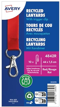 AVERY Zweckform 4842R Lanyard 10 Stück (44x1,5cm, Kartenhalter mit Karabinerhaken-Sicherheitsverschluss, Schlüsselband für Ausweishülle, Kartenhülle, Namenschilder, Umhängeband, Nackenband) rot
