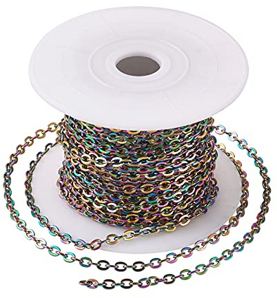 Givenny 40 cm 304 rostfritt stål korsade kedjelänkar 4 x 3 x 0,7 mm färgglada osvetsade vridna regnbågskabelkedjelänkar med spole för gör-det-själv-halsbandsarmband smyckestillverkning