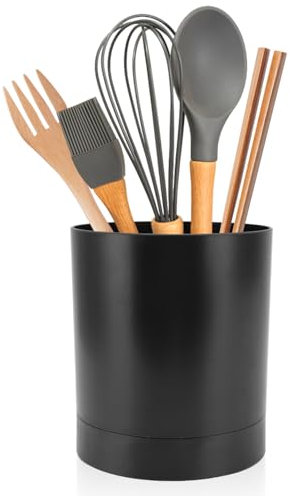 Küchenutensilienhalter 360 Gard Drehbarer Runde Küchenutensilien Organizer Besteckkorb mit Untere Teiler, 16 x 14 cm Schwarz Küchen Utensilienhalter Küchenhelfer Behälter