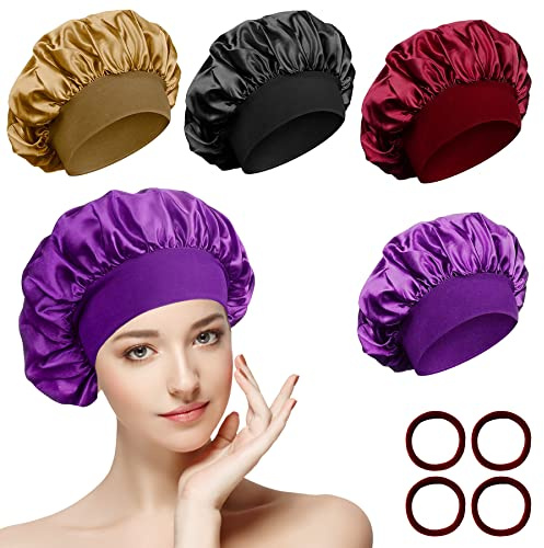 4 Pièces Bonnet de Sommeil et 4 Elastiques à Cheveux, Chapeau Nuit en Satin à Large Band Doux pour Femmes Cheveux Longs et Bouclés