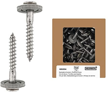HELPMATE Vis de ferblantier 4,5x25mm, 50 pièces, DIN 7995, acier inoxydable A2, PZ2, vis de couvreur, tête bombée, avec rondelle plate et rondelle d'étanchéité EPDM, argent, 4,5 x 25 mm