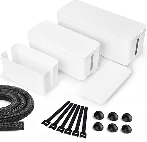 Lannvan Kabelbox,3er Set Kabelbox Weiß(Groß & Medium & Klein) aus ABS-Kunststoff,Kabelmanagement Box Kabel Box Organizer-Kabel Box Set inkl.Kabelhalter,Kabelbinder & Kabelschlauch zum Kabel Verstecken