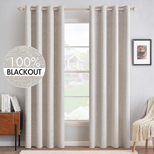 MIULEE Cortinas Aislantes Térmicas con Ojales 100% Opacas Cortinas de Lino Sala de Estar Protección contra el Frío Cortina Blackout Juego de 2, 140 x 245 cm Marfil