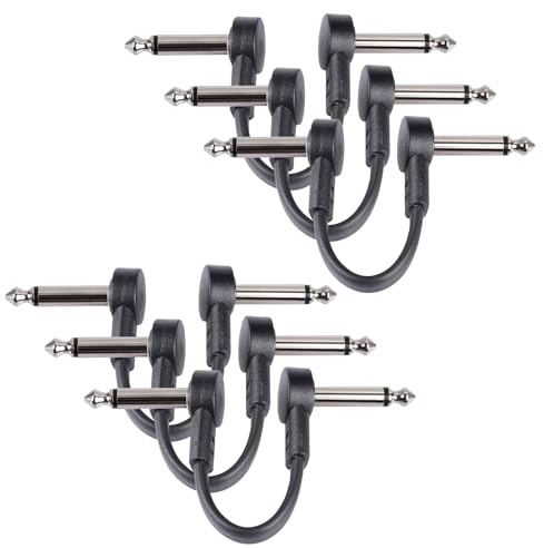 GOGHOST 4 Inch Guitar Patch Cables 6 Pack, 1/4 TS Right Angle Effect Pedal Flat Cables, Pedal Board Patch Cables, Black