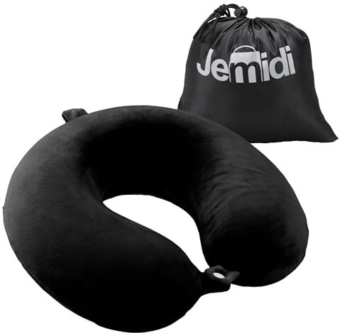 JEMIDI Nackenhörnchen für Erwachsene - Bequemes Reisekissen fürs Flugzeug - Ideal für Reisen sowie für Lange Arbeitstage - Polyester und Gedächtnisschaum - Schwarz