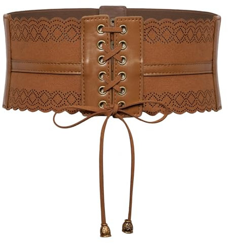 SCARLET DARKNESS Damen Retro Gürtel Kunstleder Elastische Lace-up Hollow Out Breiter Waspie Taillengürtel Braun XXL