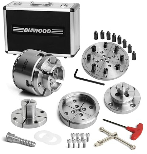 CK-2.75Z/S1 Chuck Set, 2.75 4-Jaw Key Self-Centering Chuck, Thread 1X8TPI, Dovetail Jaws, Step Jaws, Wide Jaws, Pin Jaws, 5 Flat Jaws, Wood Screw, Two Nylon Washers, T Handle Key for Wood Lathe.